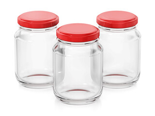 Empty glass jars with red lids isolated on white background. 3D illustration
