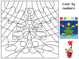 Decorated christmas tree. Color by numbers. Coloring book. Educational puzzle game for children. Cartoon vector illustration