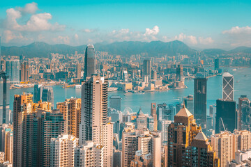 scenery of Hong Kong's Victoria Harbour and skyscraper buildings cityscape from Victoria Peak