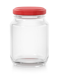 Empty glass jar with red lids isolated on white background. 3D illustration