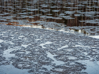 Ice floes float along the river in Karelia, northwest of Russia