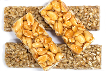 Cereal granola bar with nuts. Energy healthy snack. Protein muesli bars. Top view