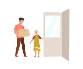 Polite child holding door for adult man carrying box. Courteous kid helping adult. Girl showing good manners, decency and comity. Flat vector cartoon illustration isolated on white background