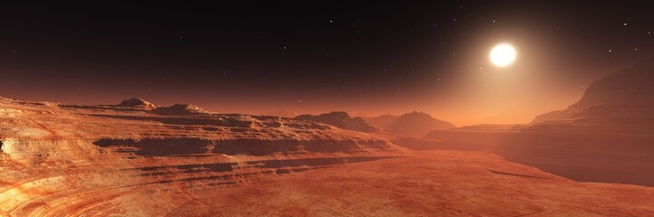 Alien surface of the planet at sunrise, Martian sunset, Mars at sunset, Sunrise on Mars, 3D rendering