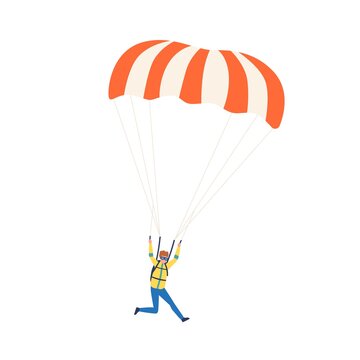 Young professional parachutist soaring in the sky. Paraglider jumping with parachute. Scene of extreme activity. Flat vector cartoon illustration of skydiver isolated on white