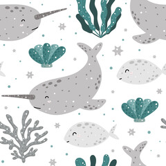 Cute marine seamless pattern with narwhal, fish, coral, shell and abstract elements. Hand drawn Scandinavian style vector illustration.