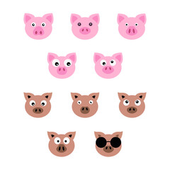 Set of cute pig cartoon characters in various poses. Vector illustration