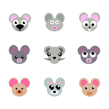 Vector set of cartoon mouse heads. Set of mouse heads. Cartoon mouse set