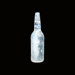 Bottle made of clean, transparent, natural ice isolated on black background. Purity and freshness...