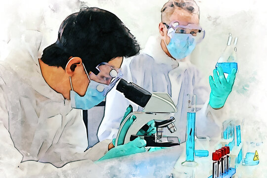 Abstract young men scientist testing corona virus vaccine and checking in lab room on watercolor illustration painting background.