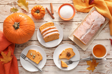 Tasty pumpkin pie on table