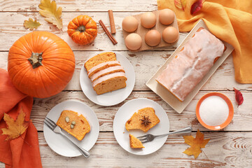 Tasty pumpkin pie on table