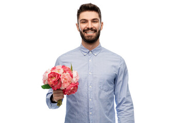 international women's day and greeting concept - happy smiling man with bunch of flowers over white background