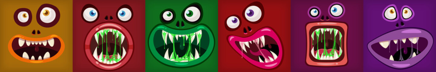 Horror Monster open mouth creepy and scary. Funny jaws teeths drool slime creatures expression monster characters