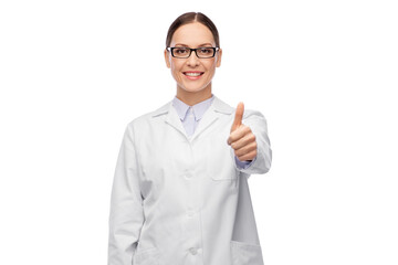 medicine, profession and healthcare concept - happy smiling female doctor in glasses and white coat showing thumbs up