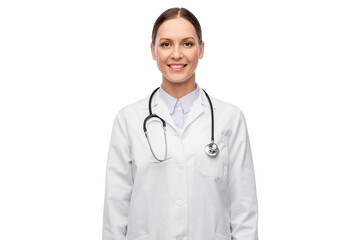 Fototapeta premium medicine, profession and healthcare concept - happy smiling female doctor in white coat with stethoscope