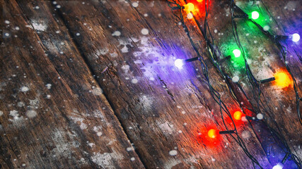 christmas garland on wooden background with place for text concept new year, christmas