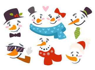 Christmas Snowman face clipart - cute boys and girls faces with hat, scarf, smoke pipe, tie, and glasses, cartoon winter characters isolated on white background, vector illustration for kids