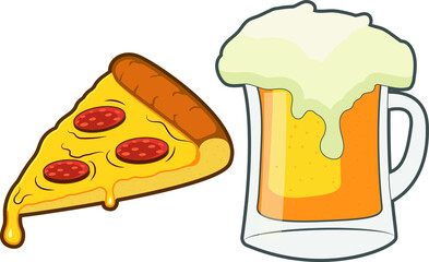 A mug of beer and a slice of pizza. Drinks and food. Picture for the menu.