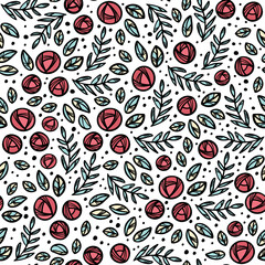 FLOWER ABSTRACT Floral Sketch With Branches And Leaves Roses Hand Drawn For Holiday Decoration Cartoon Seamless Pattern Vector Illustration For Textile Print