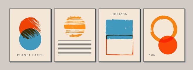 Set of modern, minimal, colorful posters, cards, brochures, covers. Simple geometric shapes with grunge texture. Primitive style.