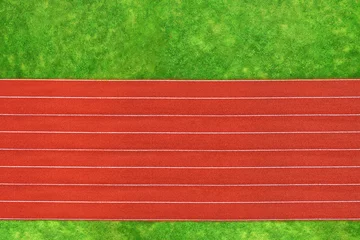 Poster Running track stadium outdoors, top view, green grass © ANGHI