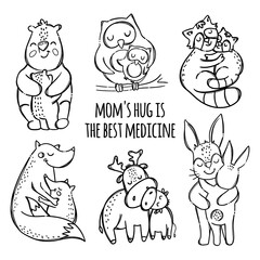 Obraz premium MOMS HUGE THEIR CHILDREN Cute Animals Hugs And Kisses Their Children Parental Relationship Monochrome Hand Drawn Clip Art Vector Illustration Set For Print
