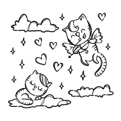 PUSSICAT ON CLOUD Cupid Shoots Archery To Kitty Sleepping On Cloud Monochrome Valentine Day Holiday Hand Drawn Cartoon Vector Illustration Set For Print