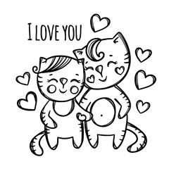 PUSSYCAT AND KITTEN Couple In Love Holds Hands Surrounded Flying Hearts  Valentine Cartoon Animals Monochrome Hand Drawn Clip Art Vector Illustration For Print