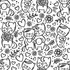CAT COUPLE Kitten And His Girlfriend Hold Hands Cat With Bouquet Valentine Day Cartoon Hand Drawn Monochrome Seamless Pattern Vector Illustration For Print