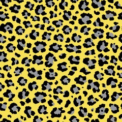 Vector trendy yellow and gray colors leopard seamless pattern. Fashion ornament of cheetah or ounce predatory print. Modern animal fur on yellow background. Exotic wild leopard animal skin pattern.