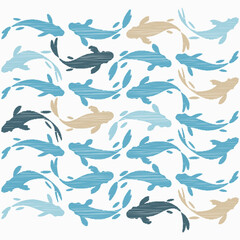 Chinese or Japanese seamless pattern Koi. Carp. Design with manual hatching. Textile. Vector illustration for web design or print.