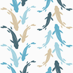 Chinese or Japanese seamless pattern Koi. Carp. Design with manual hatching. Textile. Vector illustration for web design or print.