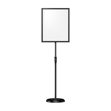 Poster sign stand. Floor standing display with round base isolated on white background. Realistic vector mockup. Adjustable pedestal with blank board, mock-up. Template for design