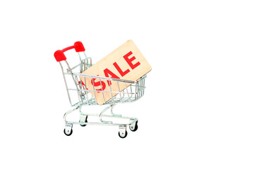 World sale in a shopping cart isolated on white background. Label with the inscription sale in cart...