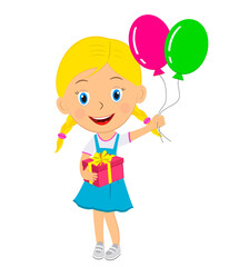 cute cartoon girl with gift and balloons