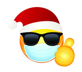 Santa Claus emoticon vector illustration isolated on white background. Santa emoji. Winter Holidays Emoticon. Santa Clause smiley. Mask face emoji. Thumbs up emoticon.