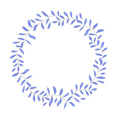 Fototapeta premium Round wreath of delicate blue branches and leaves with place for text. Hand drawn plant clip art for card invitation social media template. Stock vector flat illustration isolated on white background.