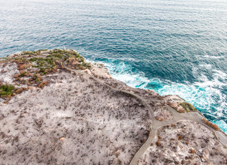 High angle aerial drone view of burnt landscape at North Head Reserve in Manly, Sydney, Australia,...