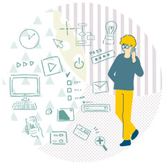 スマホで通話する男性とITやデジタルコンテンツイメージIT and digital content images with men talking on smartphones