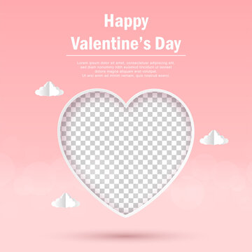Valentine's day minimal postcard of heart shape blank photo frame on pink background