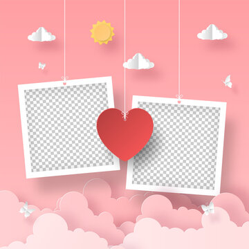 Blank photo frame with heart shape balloon on the sky, Romantic Valentine's Day