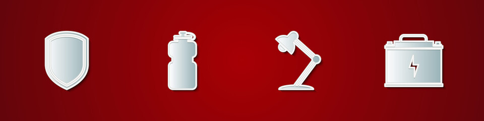 Set Shield, Sport bottle with water, Table lamp and Car battery icon. Vector.