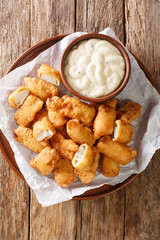 Kibbeling is typical Dutch street food, it consists of bits of fish dunked in batter that are deep fried and served with a dipping sauce closeup in the plate on the table. Vertical top view above