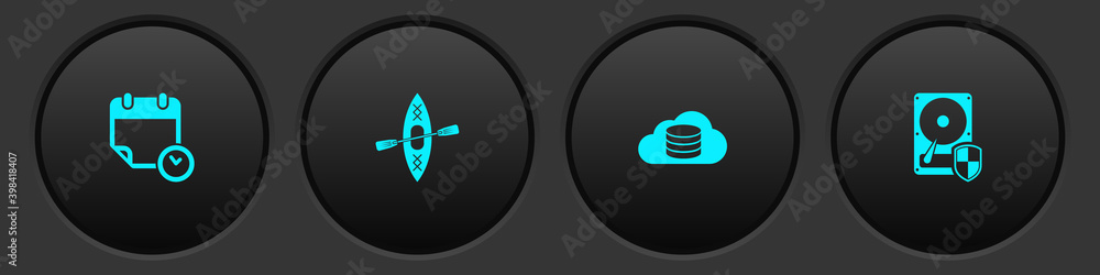 Poster set calendar and clock, kayak paddle, cloud database and hard disk drive hdd protection icon. vector