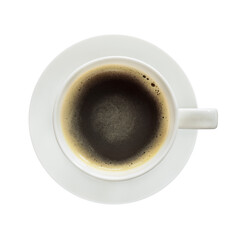 Coffee hot drink in cup with circle plate top view isolated on white