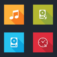 Set Music note, tone, Hard disk drive HDD protection, and Clock 24 hours icon. Vector.