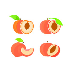 Vector set of peaches. Eco food vector illustration. Ripe peach slices of isolated on white background.