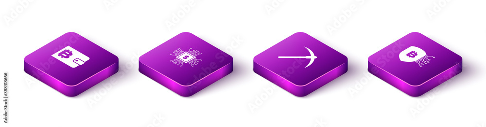 Poster set isometric cryptocurrency wallet, processor chip with dollar, pickaxe and shield bitcoin icon. ve