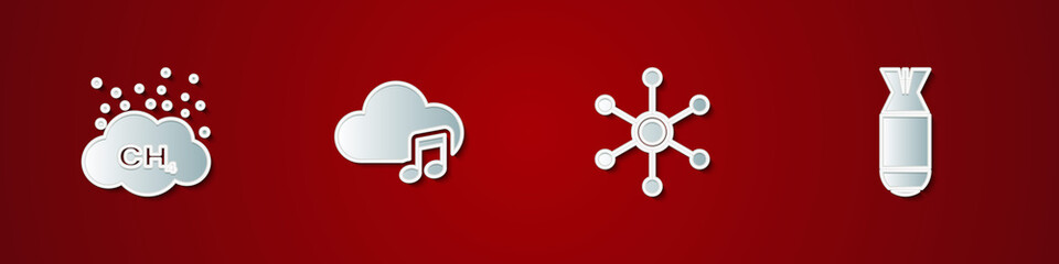 Set Methane emissions reduction, Music streaming service, Network and Aviation bomb icon. Vector.